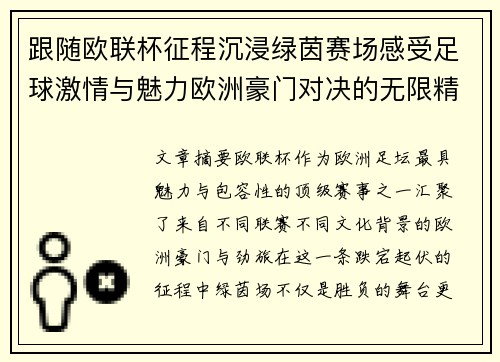 跟随欧联杯征程沉浸绿茵赛场感受足球激情与魅力欧洲豪门对决的无限精彩