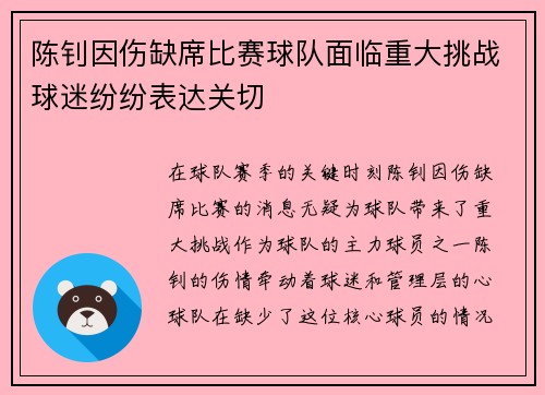 陈钊因伤缺席比赛球队面临重大挑战球迷纷纷表达关切