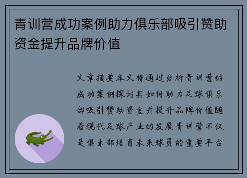 青训营成功案例助力俱乐部吸引赞助资金提升品牌价值