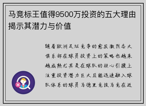 马竞标王值得9500万投资的五大理由揭示其潜力与价值